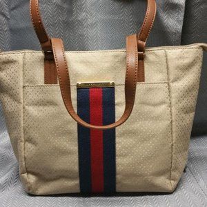 TOMMY HILFIGER Tan Cloth Purse / Blue & Red Ribbon